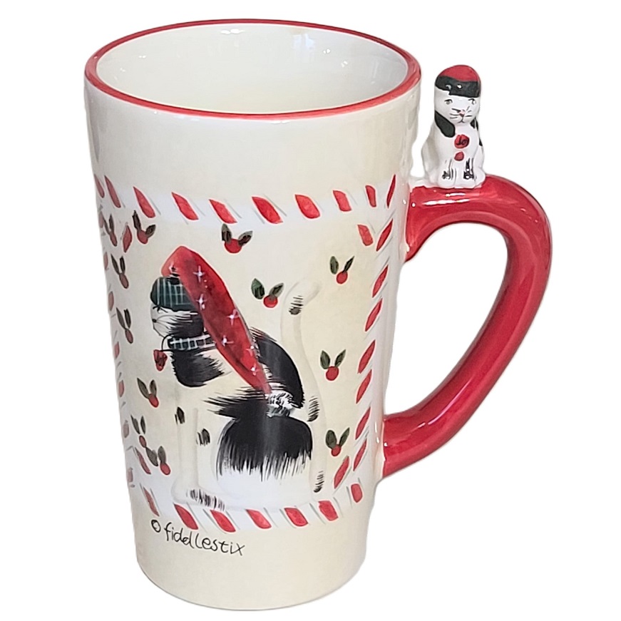 Sakura Fiddlestix Christmas Tall Mug Black & White Cat - Click Image to Close