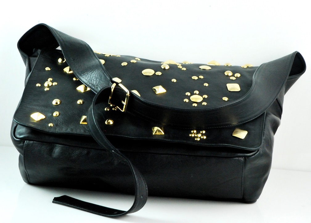 Black Leather w/Gold Studs Cross body Bag Made in Italy