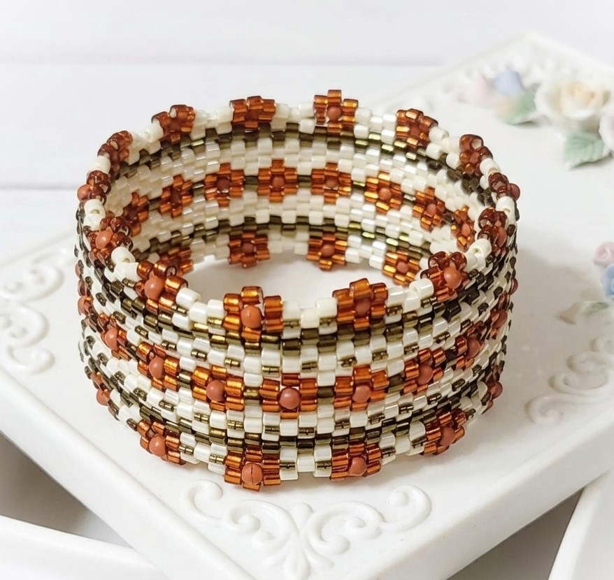 Autumn Daisey Pattern Peyote Stitch Glass Bangle Bracelet
