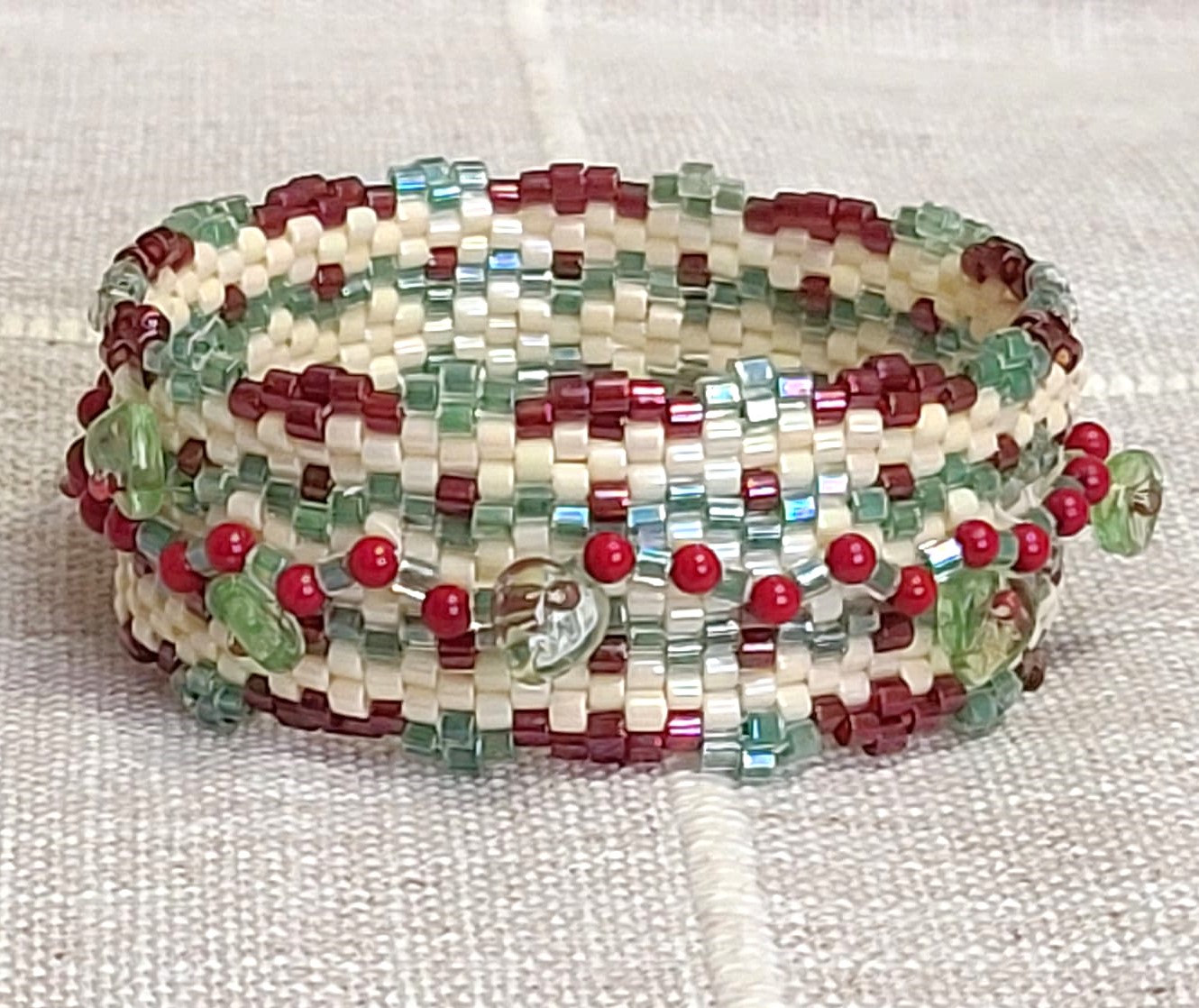 Beaded bangle bracelet, handcrafted, miyuki glass, coral accents