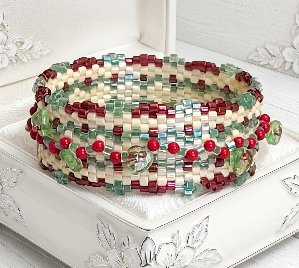 Miyuki Glass Beaded Bangle Bracelet with Coral Accents
