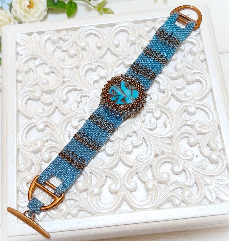 Miyuki Glass Beaded Bracelet with Center Ceramic Cabachon