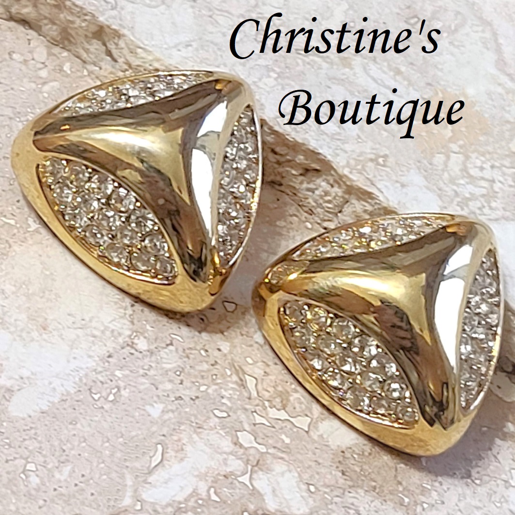 Nina Ricci earrings, clip on earrings, goldtone and rhinestones, signed designer - Click Image to Close