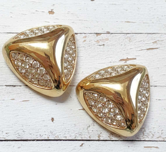 Nina Ricci earrings, clip on earrings, goldtone and rhinestones, signed designer