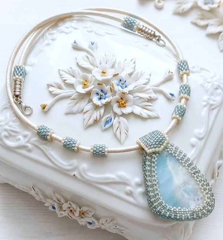 Amazonite gemstone pendant necklace with leather cord, miyuki glass, peyote stitch, handcrafted