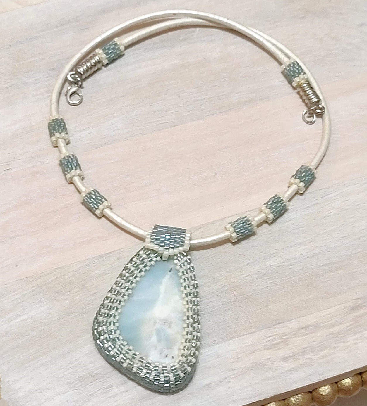 Amazonite gemstone pendant necklace with leather cord, miyuki glass, peyote stitch, handcrafted