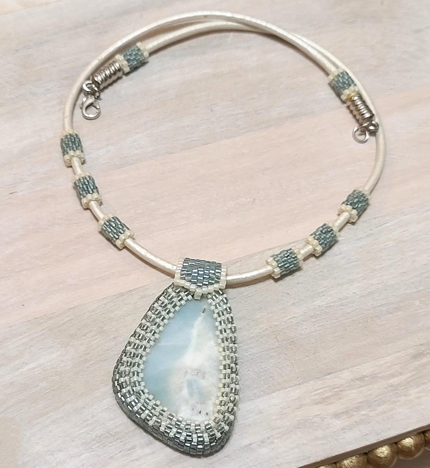 Amazonite gemstone pendant necklace with leather cord, miyuki glass, peyote stitch, handcrafted
