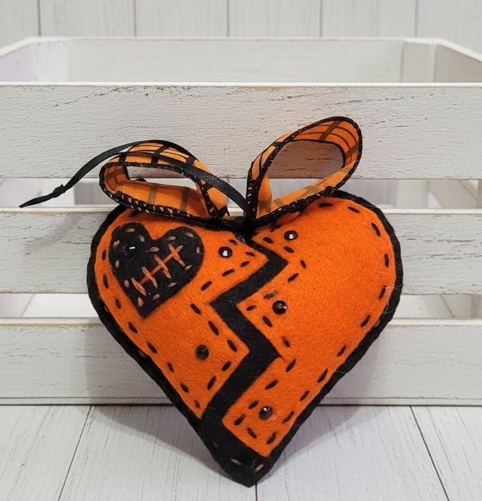 Halloween felt broken heart ornament 2 sided orange and black