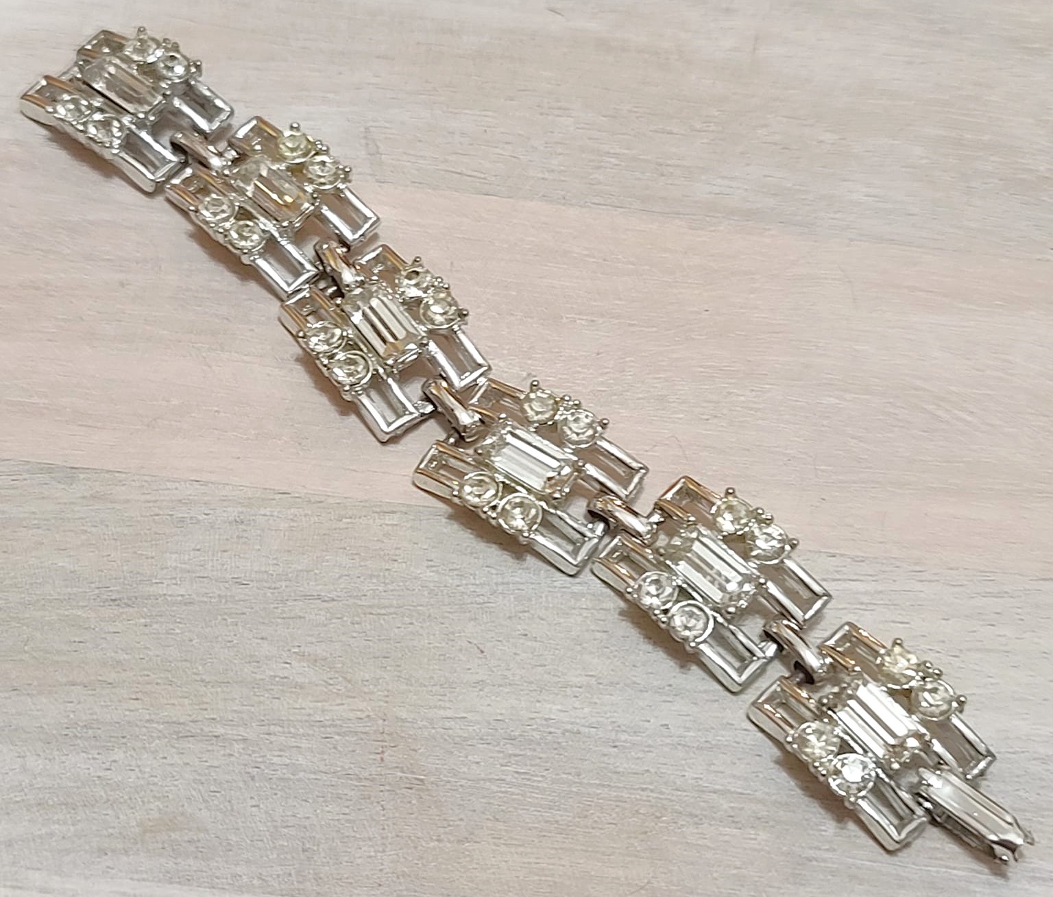 Vintage rhinestone bracelet, square link with white rhinestones