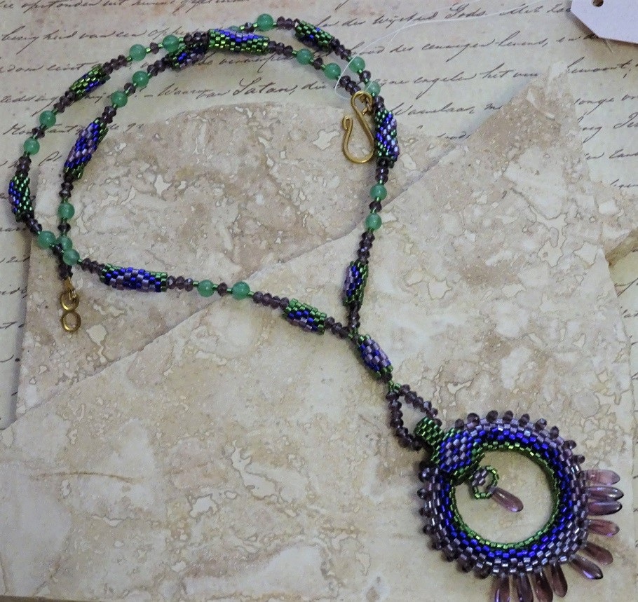 Circle Pendant Necklace Peyote Stitch w/Green Jade Gemstone