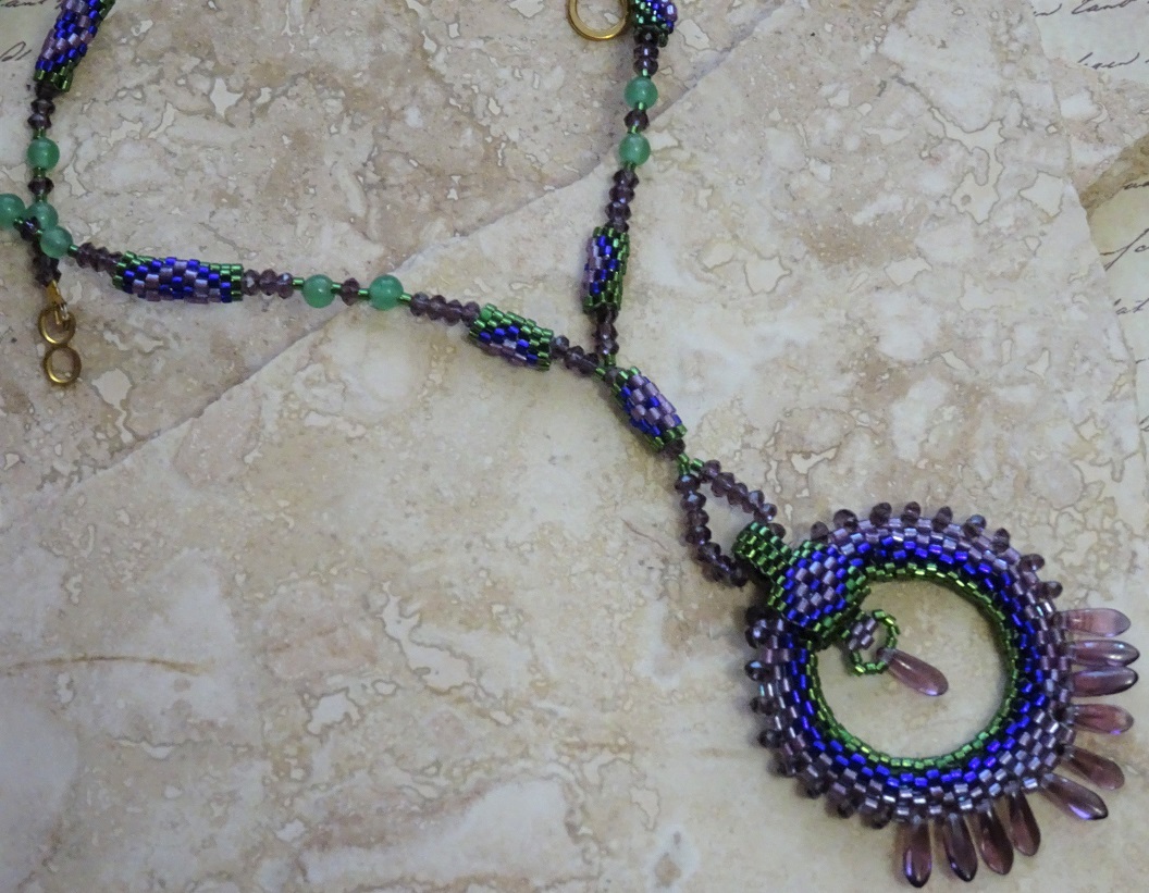 Circle Pendant Necklace Peyote Stitch w/Green Jade Gemstone