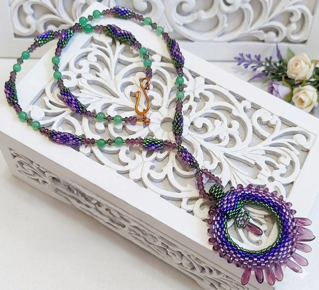 Beaded Circle Pendant Necklace with Green Jade Gemstone Accent