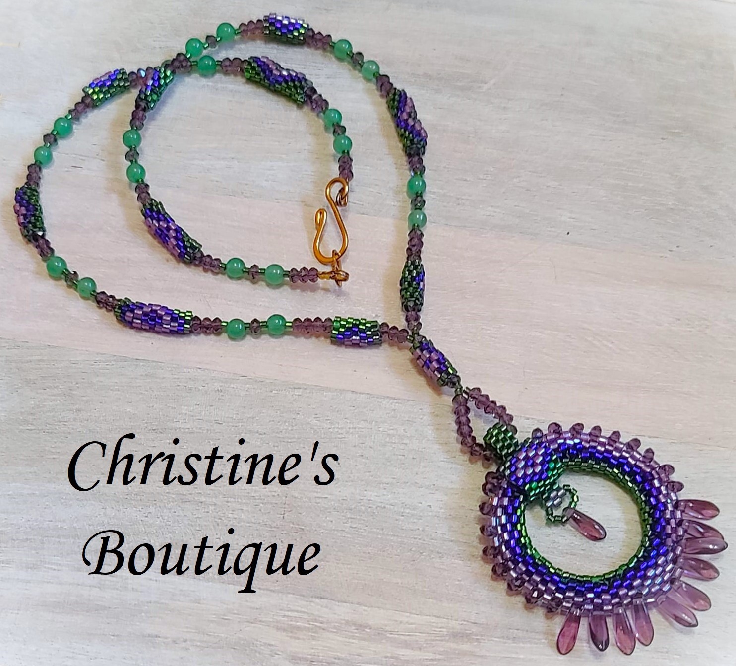 Beaded pendant necklace with fringe, circle pendant, jade gems - Click Image to Close