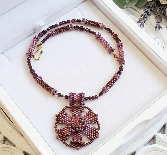 Garnet Gemstone Pendant Necklace with Miyuki Glass Handmade Beads