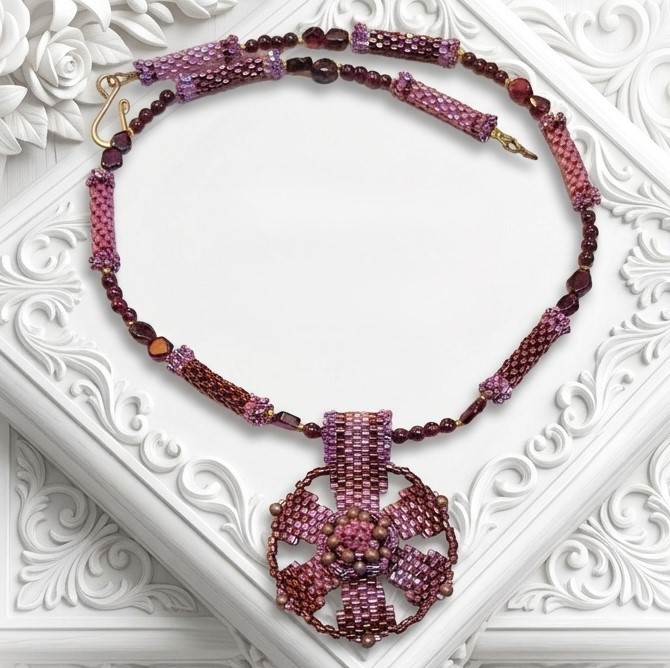Garnet Gemstone Pendant Necklace with Miyuki Glass Handmade Beads
