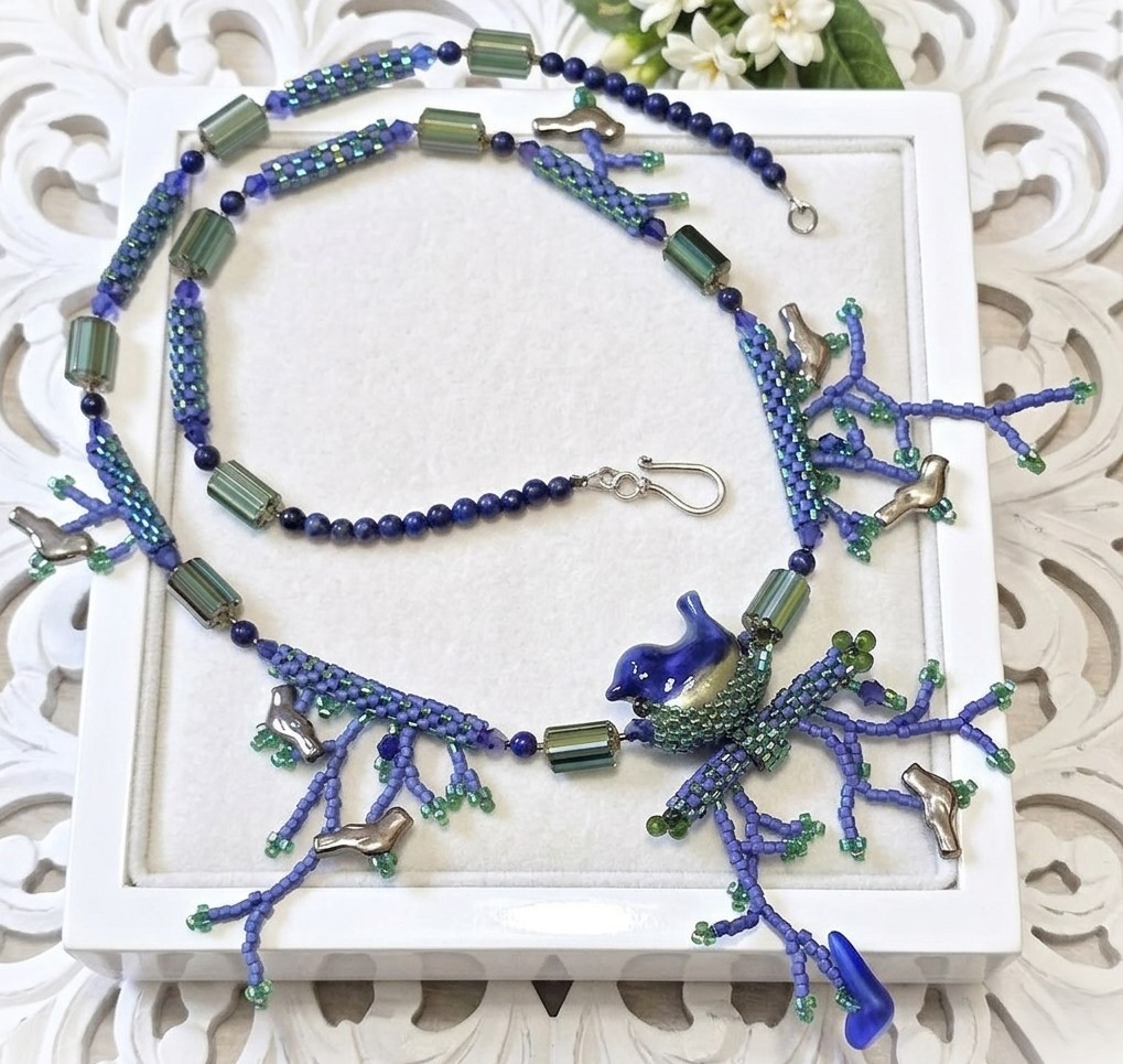 Blue lapis beaded necklace, handmade, artsy, original necklace with bird and branch strands, delica glass beading Blue lapis beaded necklace, handmade, artsy, original necklace with bird and branch strands, delica glass beading