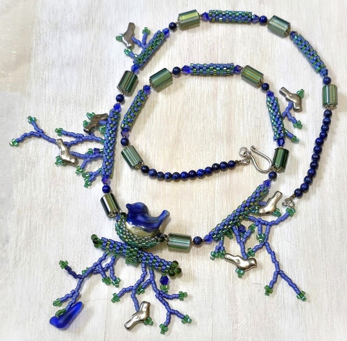 Blue lapis beaded necklace, handmade, artsy, original necklace with bird and branch strands, delica glass beading
