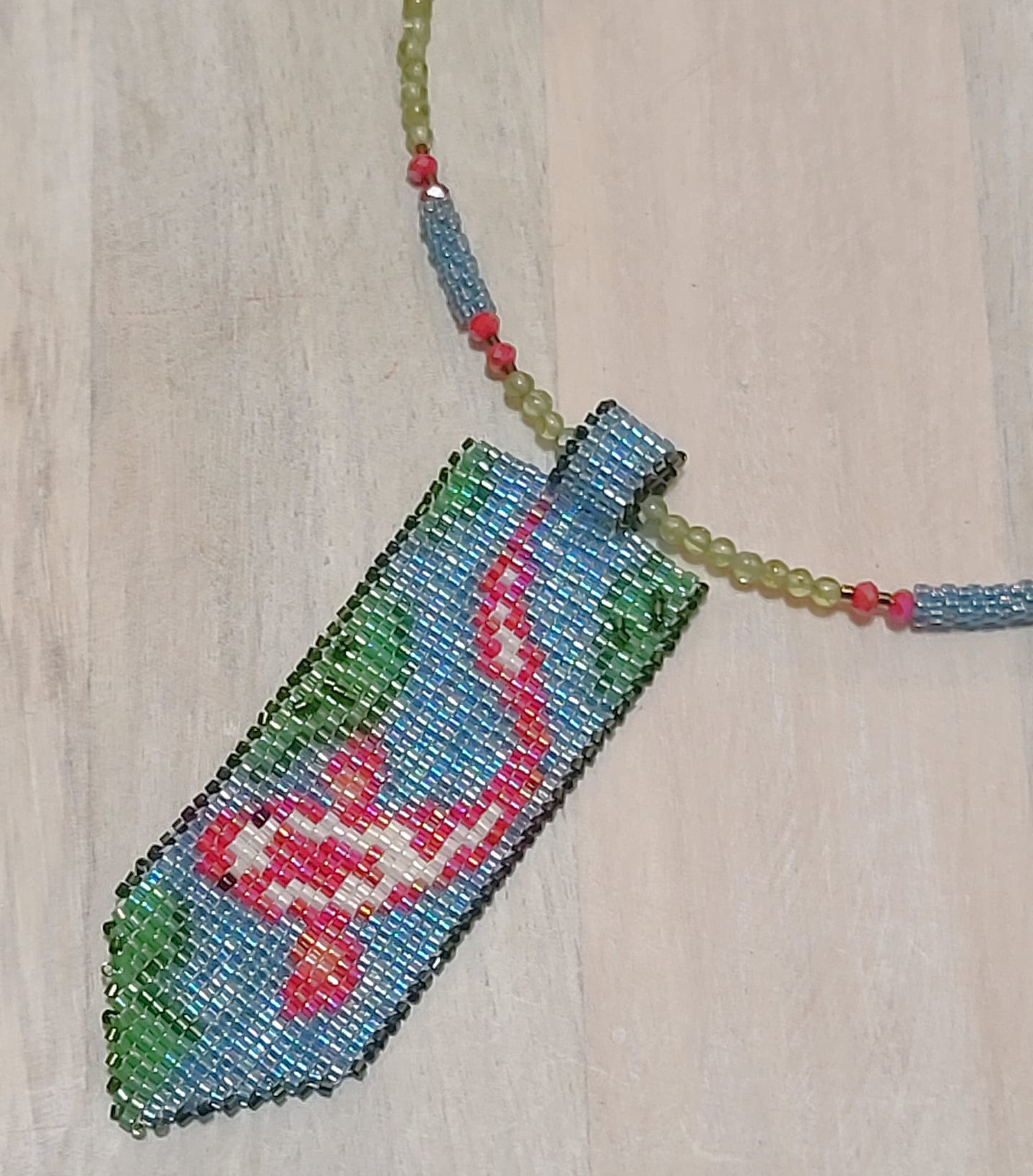 Koi Fish Hand Stitched Pendant Necklace w/Jade Gems Accents