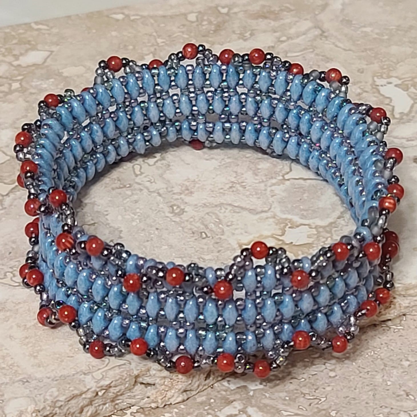 Bead Weaved 3 Row Bangle Braclet with Coral Gem Ruffled Edge