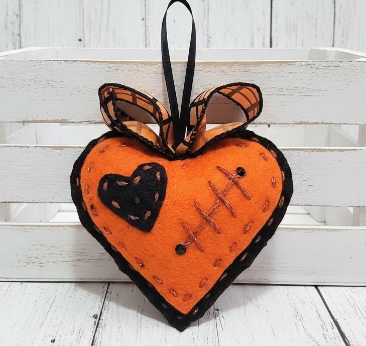 Halloween felt heart in stitches ornament 2 sided orange black