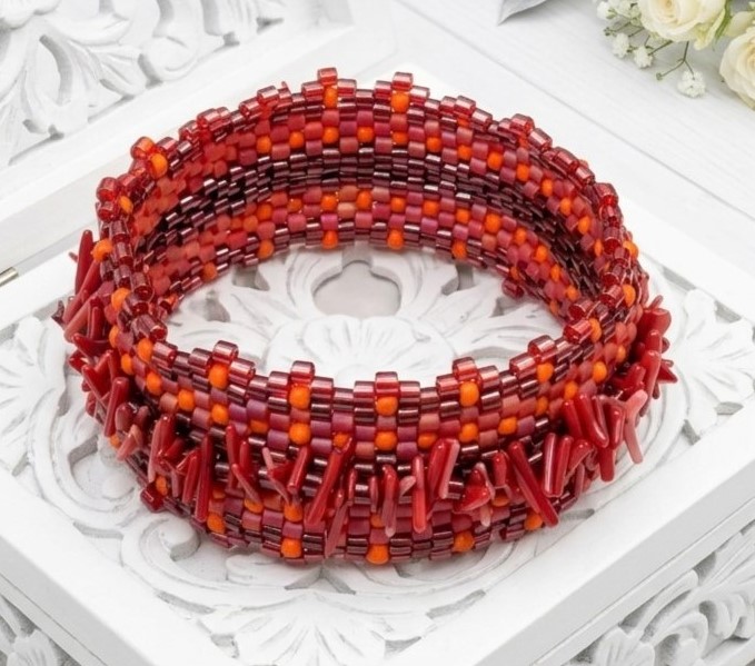 Miyuki Glass Beaded Bangle Bracelet with Branch Coral Accents