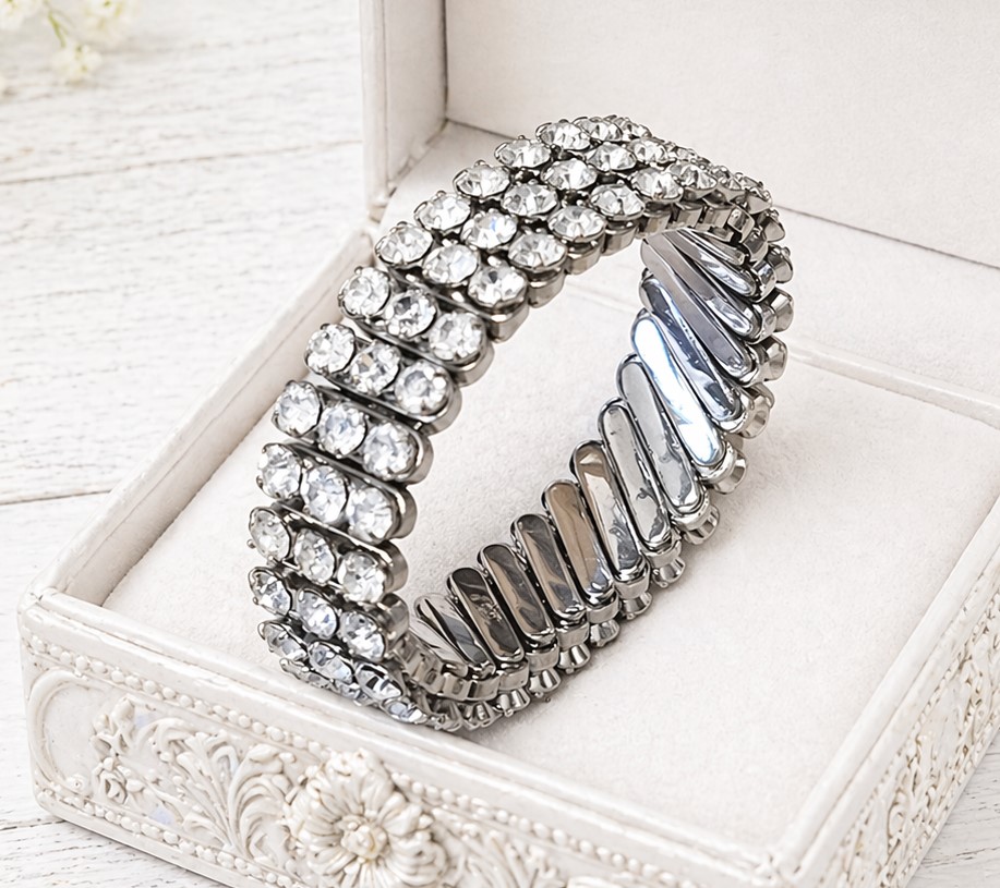 White Rhinestone Expansion Bracelet Signed Japan