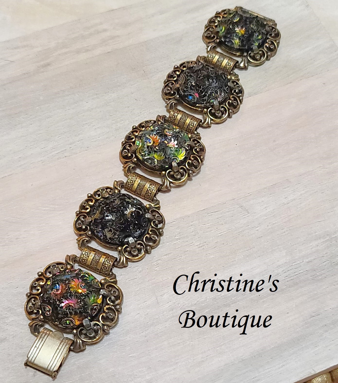 Judy Lee bracelet, designer signed, ornate iridescdent black and carnival cabachons - Click Image to Close