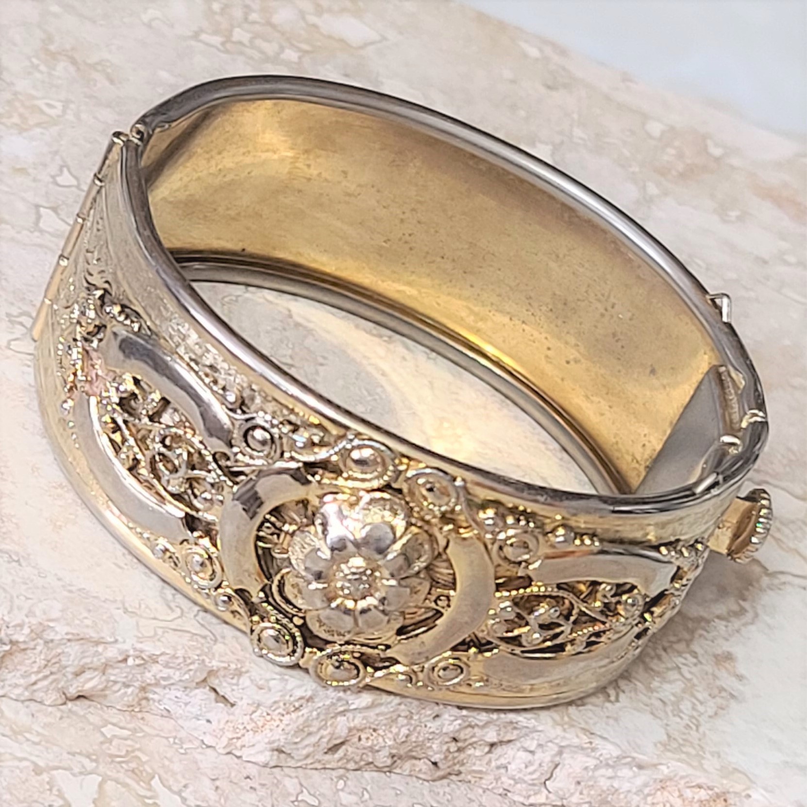 Marino Signed Ornate Bangle Bracelet Goldtone