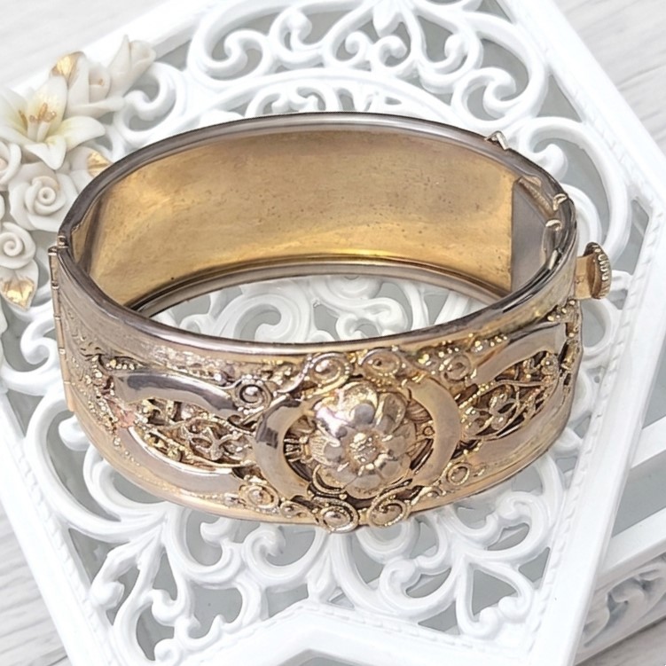 Vintage Signed Marino Bangle Bracelet with Rose Design