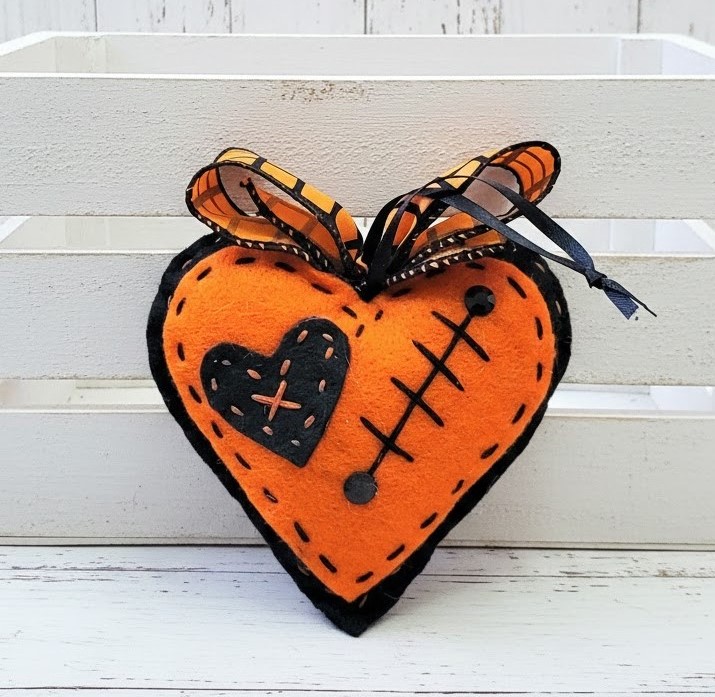 Halloween felt heart in stitches ornament 2 sided orange black