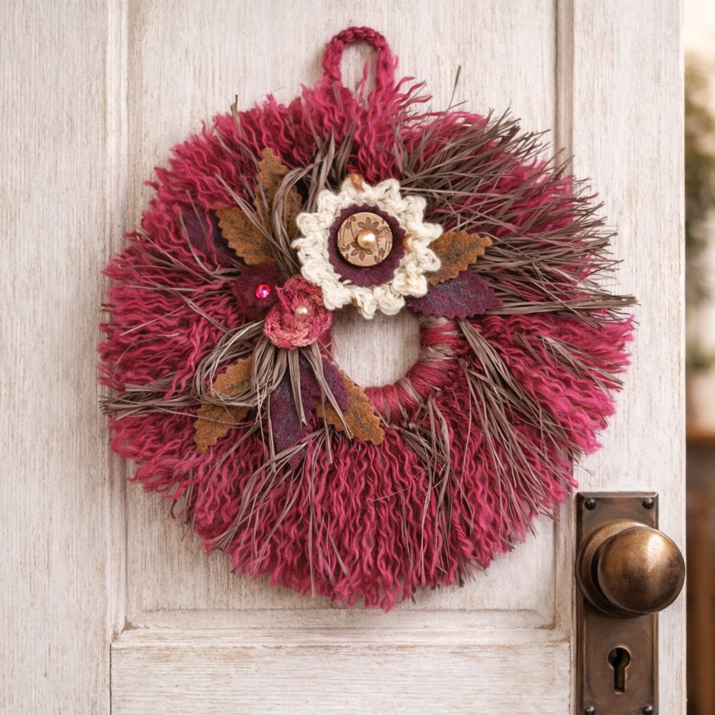 Mini yarn wreath ornament 7" romantic rose pink colors