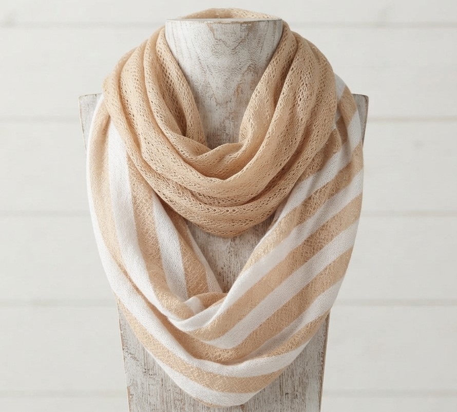 Beige and White Stripe Lighweight Infinity Scarf
