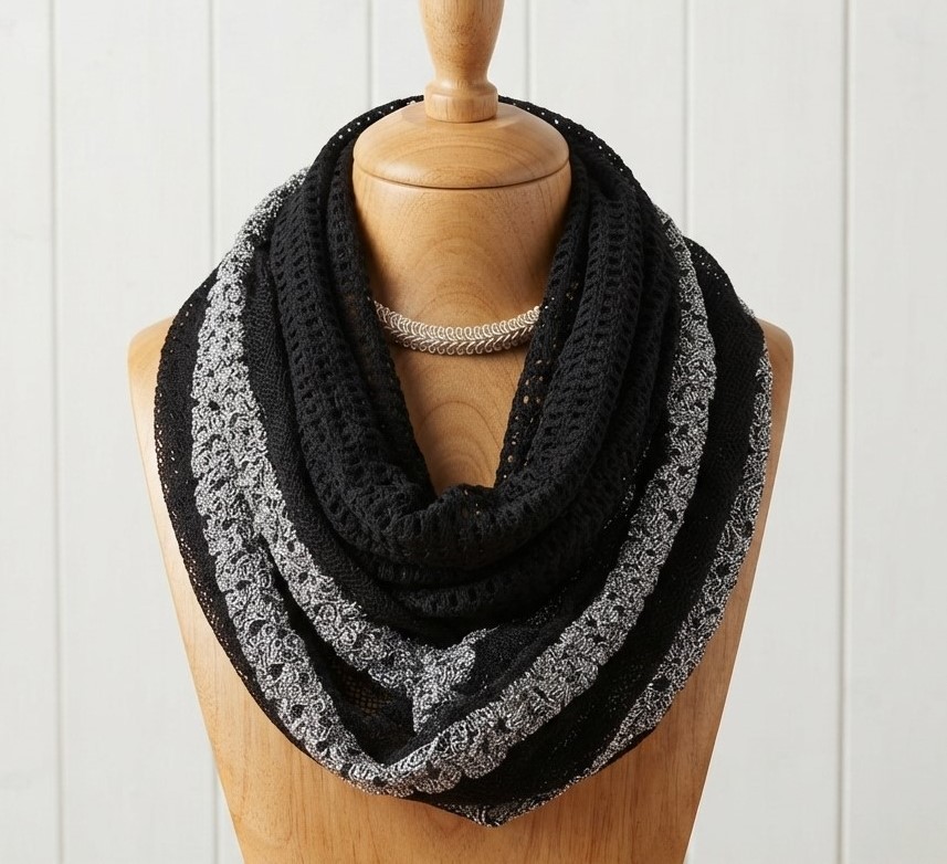 Black with White Design Light Weight Infinty Scarf