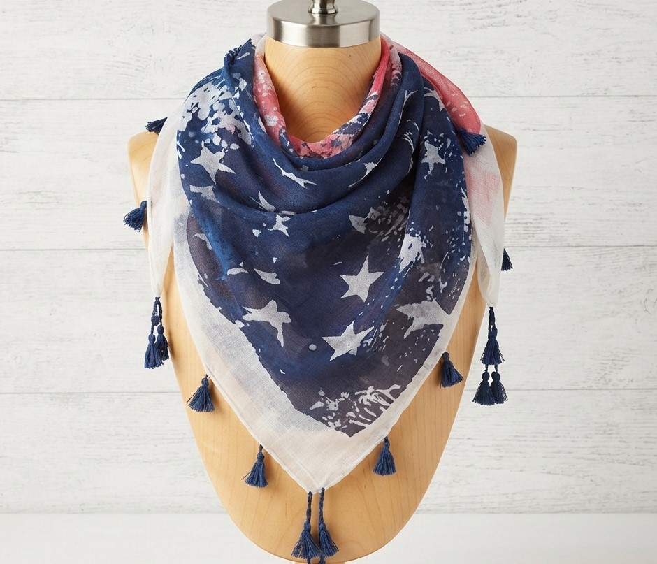 American Flag Stars Stripes with Tassel Trim Scarf American Flag Stars Stripes with Tassel Trim Scarf