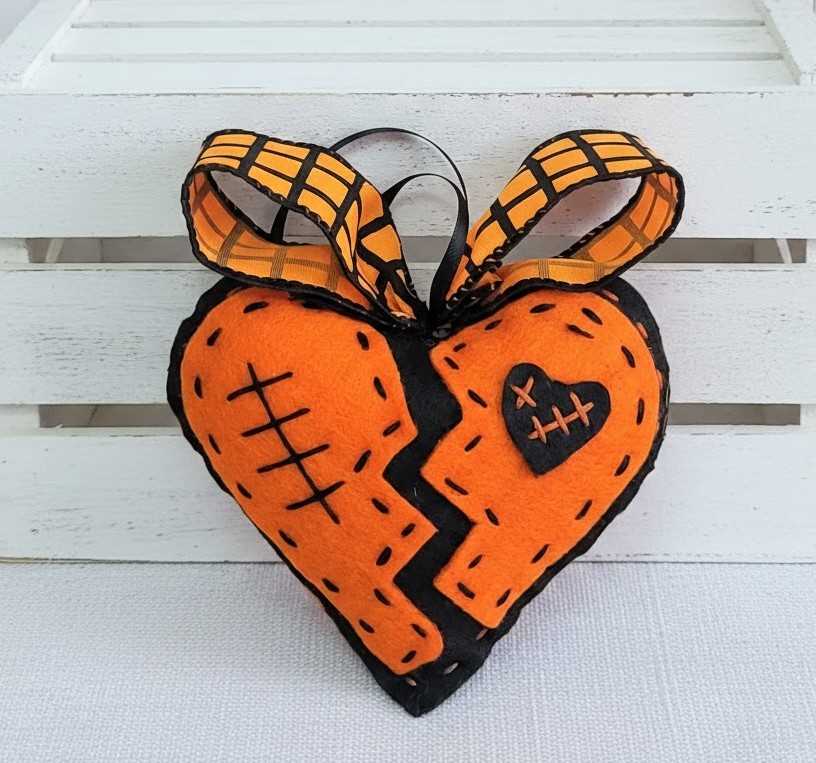 Halloween felt broken heart ornament 2 sided orange and black