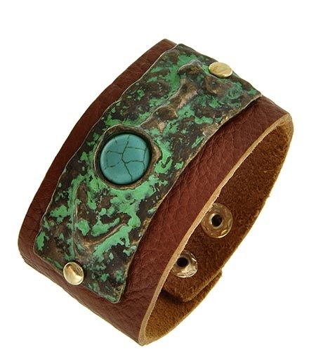 Brown Leather Turquoise Center with Patina Metal Bracelet