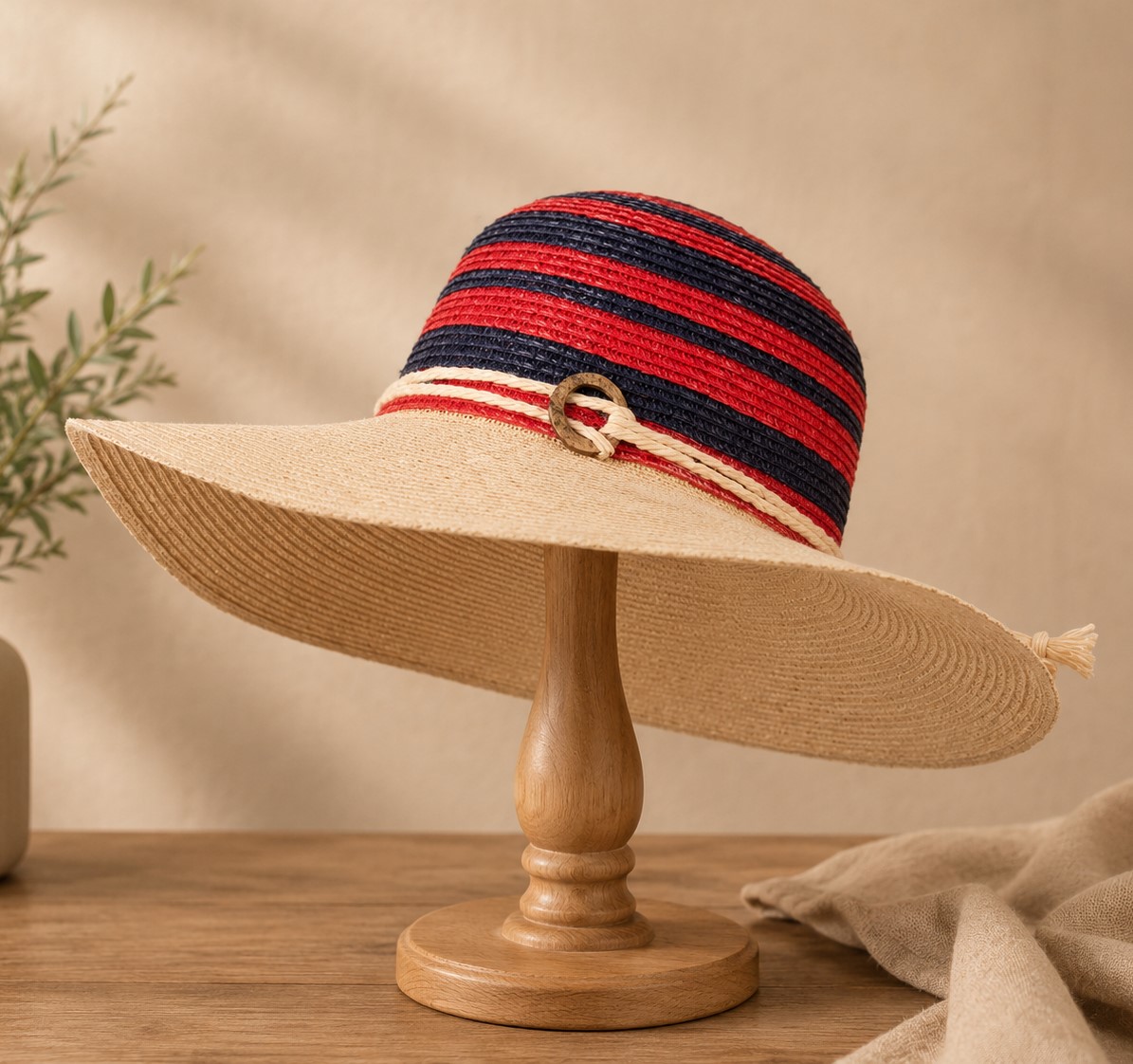 Summer Straw Hat in Red and Blue Trim