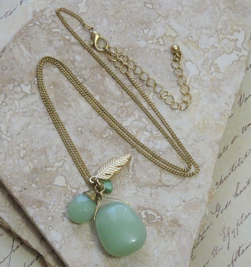 Wire wrapped Jade Gemstone w/ Feather Charm Necklace