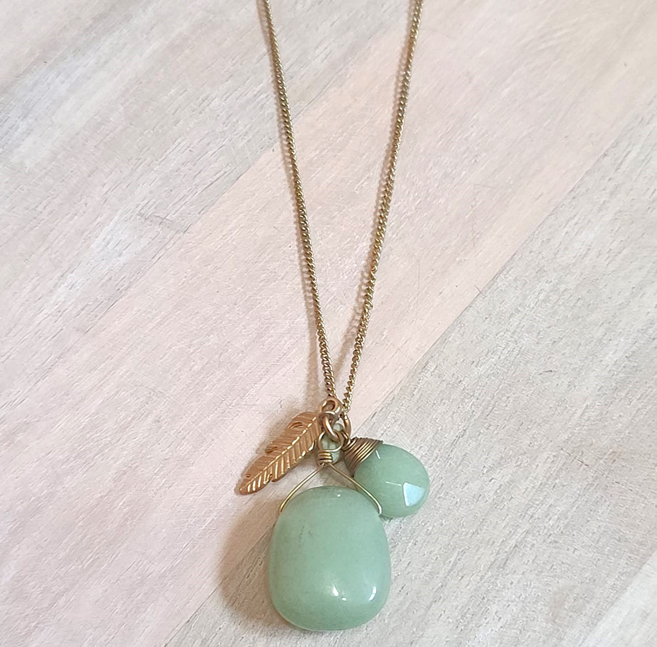 Gemstone pendant necklace, jade gemstone pendant, with feather charm, necklace