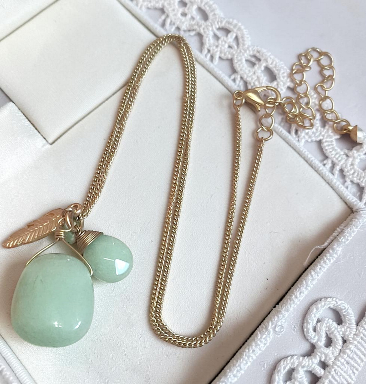 Gemstone pendant necklace, jade gemstone pendant, with feather charm, necklace