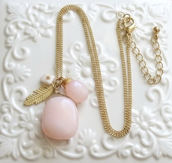 Gemstone Pendant Necklace, Peach Pink Quartz with Feather Charm Necklace