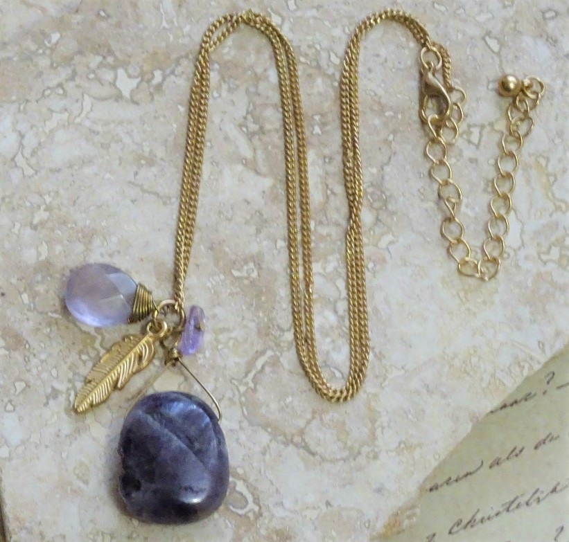 Wire wrapped Amethyst Gemstone w/ Feather Charm Necklace