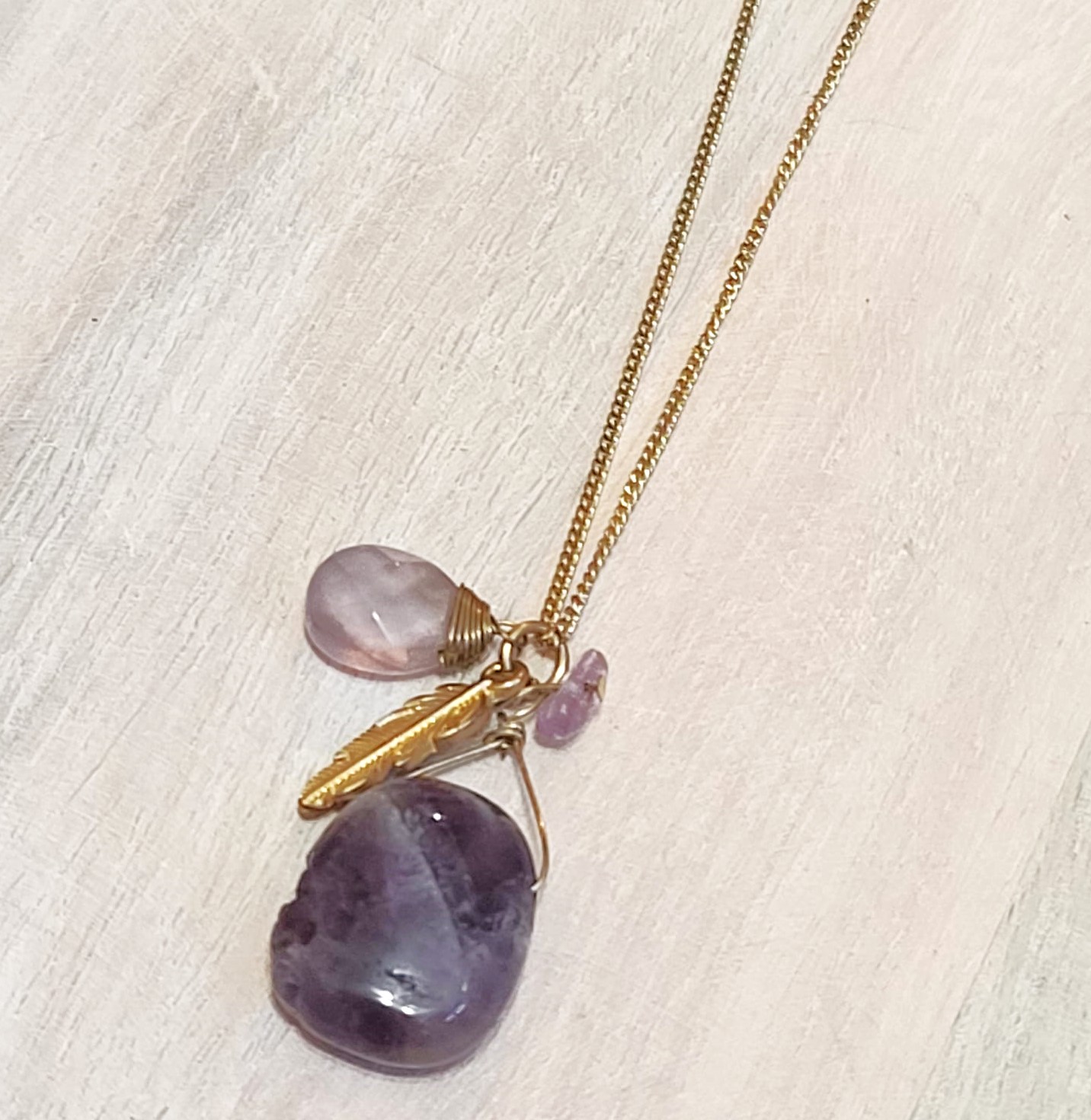 Gemstone pendant necklace, amethyst gemstone pendant, with feather charm, necklace