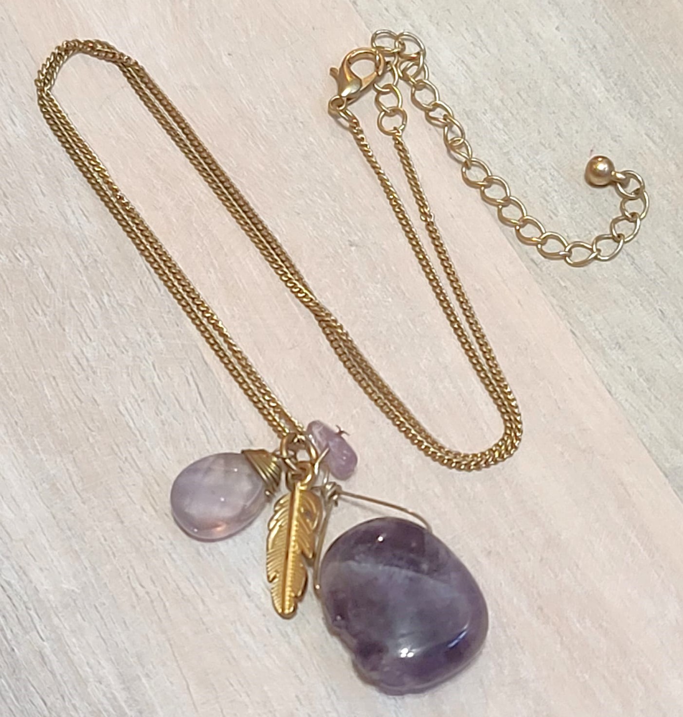 Gemstone pendant necklace, amethyst gemstone pendant, with feather charm, necklace