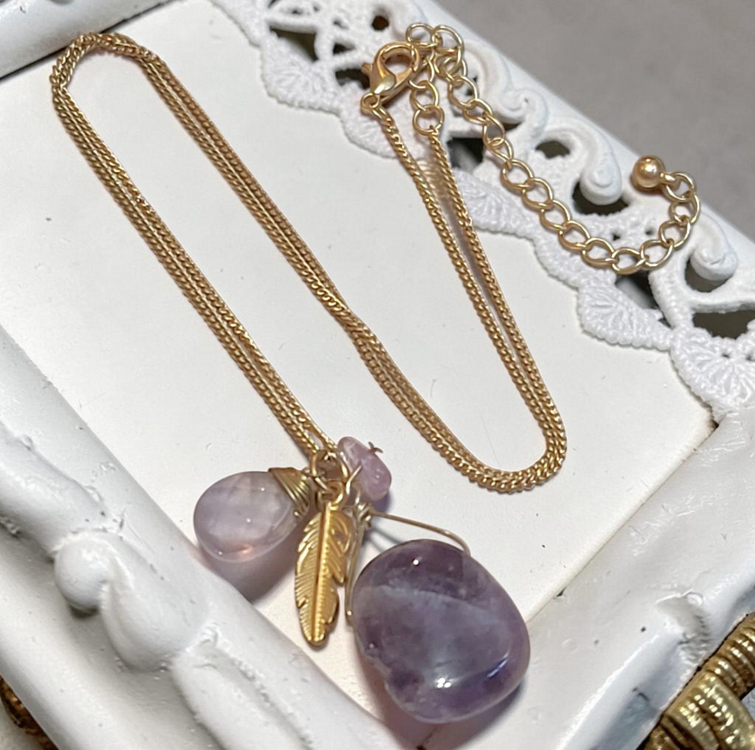 Gemstone pendant necklace, amethyst gemstone pendant, with feather charm, necklace