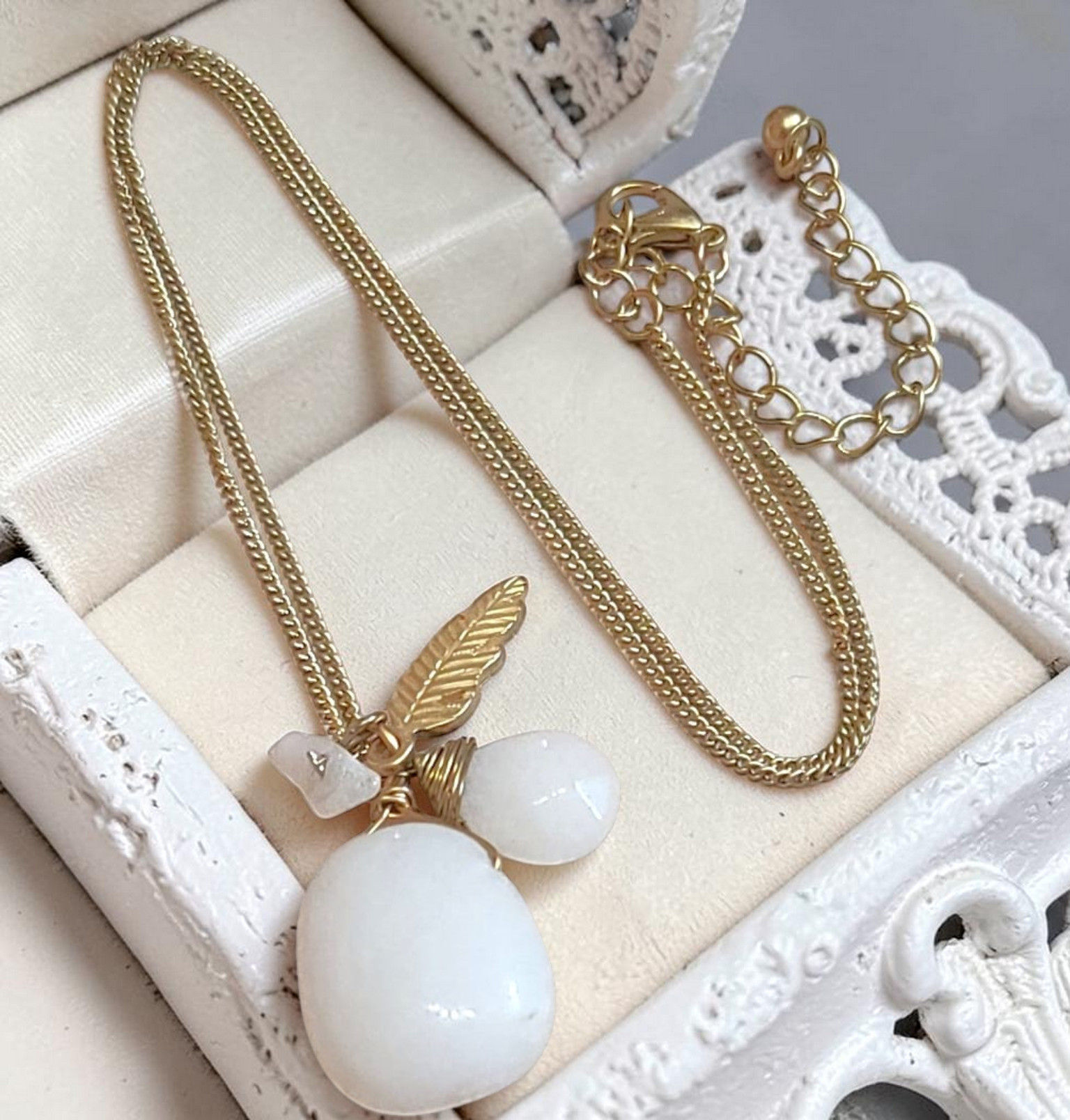 Gemstone pendant necklace, white quartz gemstone pendant, with feather charm, necklace