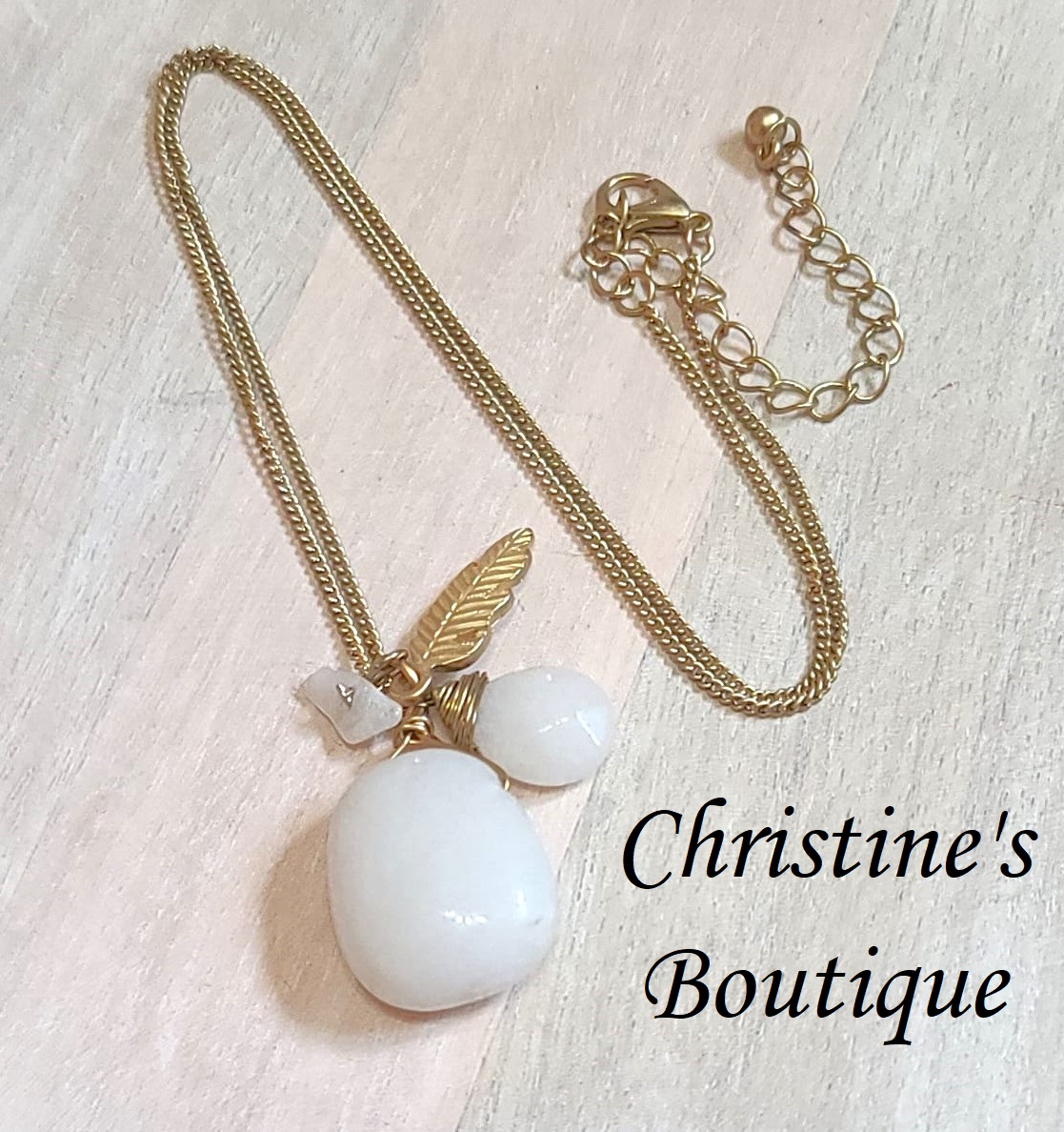 Gemstone pendant necklace, white quartz gemstone pendant, with feather charm, necklace