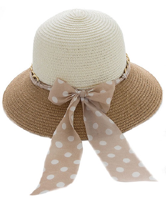 Summer Straw Hat Belted with Beige and White Polka Dots