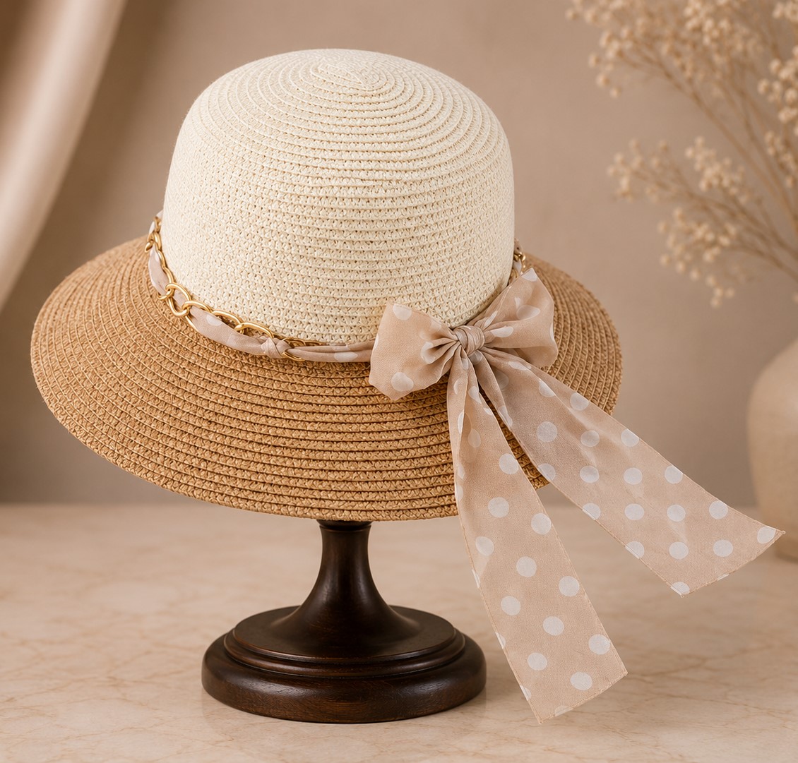 Summer Straw Hat Belted with Beige and White Polka Dot Scarf