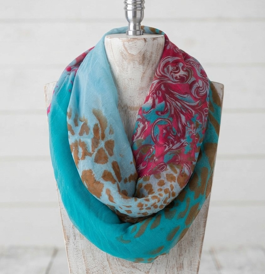 Leopard Scroll Pattern Infinity Scarf - Turquoise